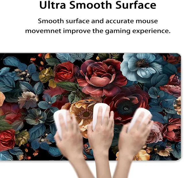 Alt view image 4 of 7 - 31.5x11.8Large Gaming Mouse Pad for Desk, Mouse Mat with Seamed Edges, Waterproof Desk Pad, Non-Slip Rubber Base, Keyboard Pad Computer Mat, Big XL Mousepad-Vintage Chic Rose Flowers