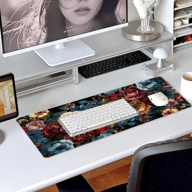 Alt view image 7 of 7 - 31.5x11.8Large Gaming Mouse Pad for Desk, Mouse Mat with Seamed Edges, Waterproof Desk Pad, Non-Slip Rubber Base, Keyboard Pad Computer Mat, Big XL Mousepad-Vintage Chic Rose Flowers