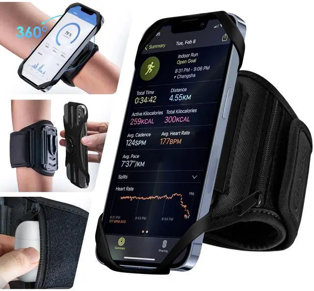 Main image of Running Armband, 360° Rotatable & Detachable Phone Holder for Sports with Earphone/Cash Pocket, Fits 4.5-7" Smartphones for Gym, Jogging, Hiking
