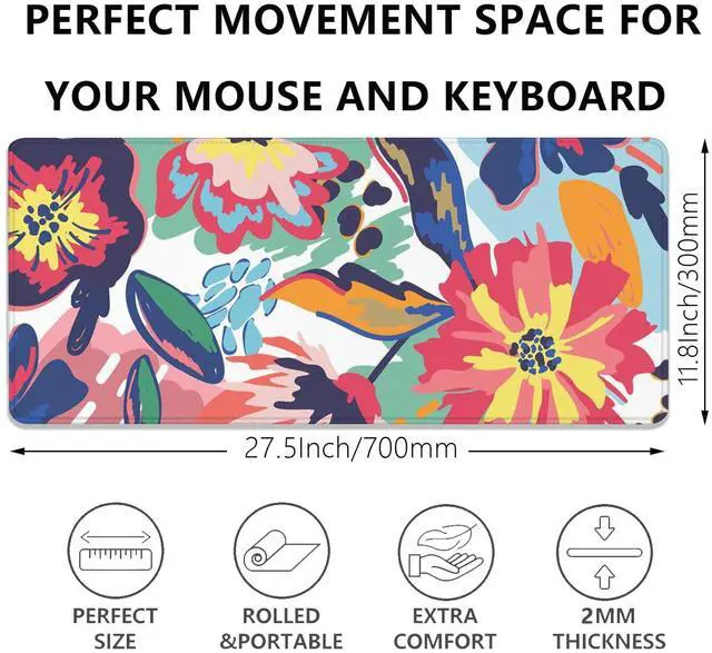 Alt view image 3 of 7 - Abstract Floral Leaves Mouse Pad Desk Mat,Boho Art Extended Gaming Mouse Pad with Stitched Edges,Non-Slip Waterproof Rubber Base for Office,Computer,Keyboard,Laptop and Home Desk Pad(27.5X11.8 in)