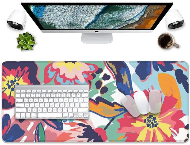 Alt view image 6 of 7 - Abstract Floral Leaves Mouse Pad Desk Mat,Boho Art Extended Gaming Mouse Pad with Stitched Edges,Non-Slip Waterproof Rubber Base for Office,Computer,Keyboard,Laptop and Home Desk Pad(27.5X11.8 in)