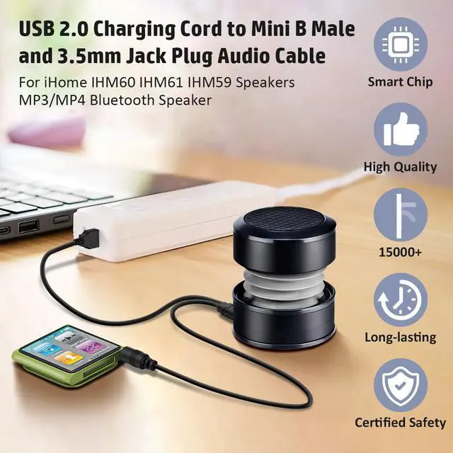 Alt view image 4 of 7 - 1.67ft USB2.0 Charging Cord to Mini B Male and 3.5mm Jack Plug Audio Cable for iHome IHM60 IHM61 IHM59 Speakers MP3/MP4 Bluetooth Speaker (Mini USB)