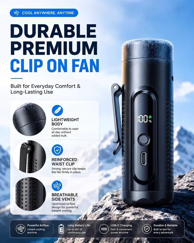 Alt view image 3 of 7 - Mini Turbo Handheld Cooling Fan, 17000RPM 5-Speed Clip On Fan with Ice Cooling Plate, Long Battery & LED Display, Portable Pocket Waist Belt Fan for Travel Camping Hiking, Gifts for Men Women(Black)