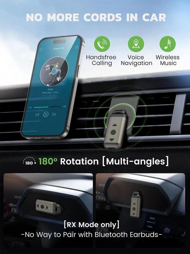 Alt view image 2 of 7 - Air88 Bluetooth 5.4 Aux Adapter, 180° Swivel 3.5mm Jack Receiver for Car Home Stereo, Handsfree Calls, 12 Hours Battery, HiFi Sound, Solid Metal Case