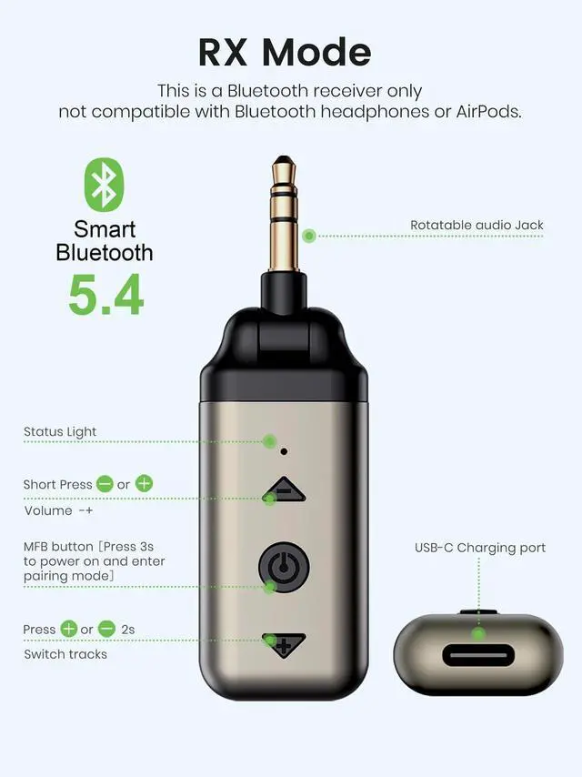 Alt view image 6 of 7 - Air88 Bluetooth 5.4 Aux Adapter, 180° Swivel 3.5mm Jack Receiver for Car Home Stereo, Handsfree Calls, 12 Hours Battery, HiFi Sound, Solid Metal Case