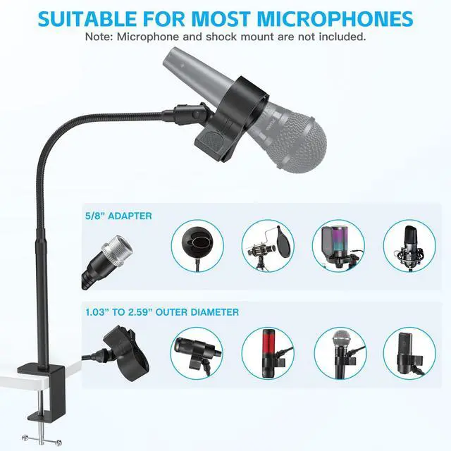 Alt view image 2 of 7 - Microphone Stand 19inch,Flexible Gooseneck Desktop Mic Stands,Upgraded Microphone Clip Holder for Mics with Outer Diameter 1.03" and 2.59",3/8" to 5/8" Screw Adapter for Blue Yeti and More