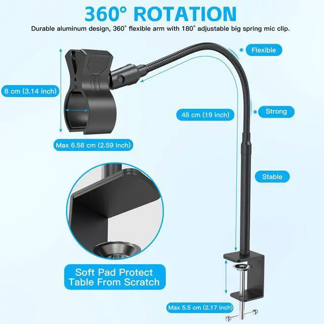 Alt view image 5 of 7 - Microphone Stand 19inch,Flexible Gooseneck Desktop Mic Stands,Upgraded Microphone Clip Holder for Mics with Outer Diameter 1.03" and 2.59",3/8" to 5/8" Screw Adapter for Blue Yeti and More