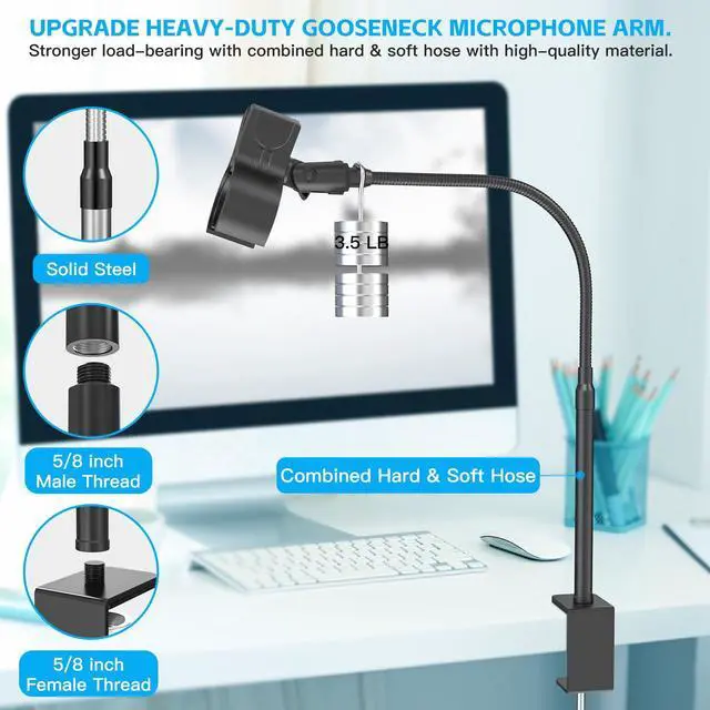 Alt view image 4 of 7 - Microphone Stand 19inch,Flexible Gooseneck Desktop Mic Stands,Upgraded Microphone Clip Holder for Mics with Outer Diameter 1.03" and 2.59",3/8" to 5/8" Screw Adapter for Blue Yeti and More