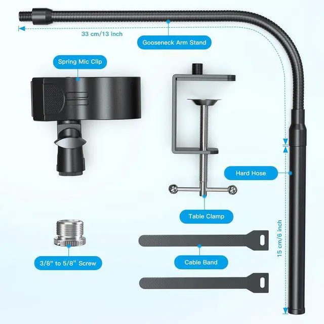 Alt view image 7 of 7 - Microphone Stand 19inch,Flexible Gooseneck Desktop Mic Stands,Upgraded Microphone Clip Holder for Mics with Outer Diameter 1.03" and 2.59",3/8" to 5/8" Screw Adapter for Blue Yeti and More