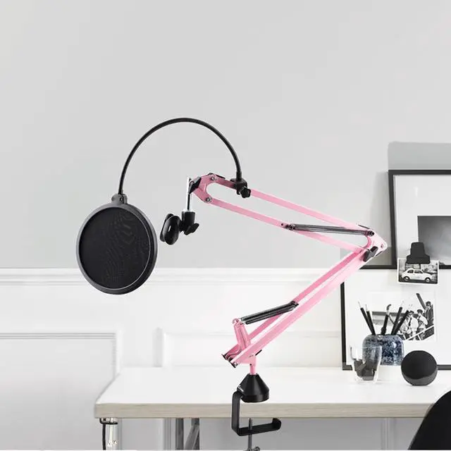 Alt view image 5 of 6 - Pink Microphone Boom Arm, Heavy Duty Suspension Scissor Mic Stand with Shock Mount & Pop Filter, Adjustable Desk Clamp for Blue Yeti/Snowball Ice for Live Stream/Recording/ASMR