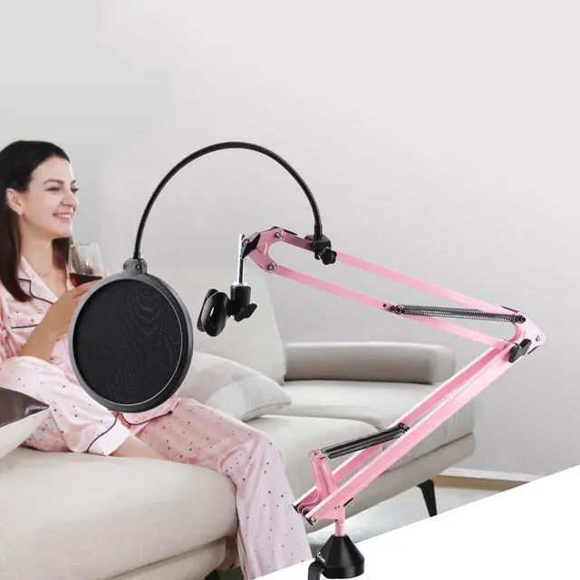 Alt view image 6 of 6 - Pink Microphone Boom Arm, Heavy Duty Suspension Scissor Mic Stand with Shock Mount & Pop Filter, Adjustable Desk Clamp for Blue Yeti/Snowball Ice for Live Stream/Recording/ASMR