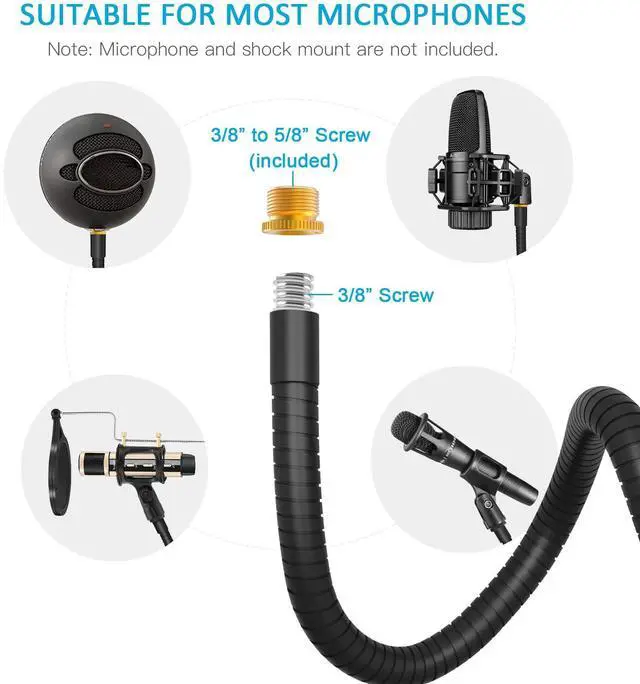 Alt view image 2 of 7 - Microphone Stand Gooseneck 19, Flexible Clamp-On Desktop Mic Stand with 360° Adjustable Arm, 3/8" to 5/8" Adapter, Heavy-Duty Desk Mount, for Podcasting, Streaming, Podium & Public Speaking