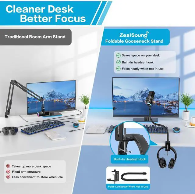 Alt view image 4 of 7 - Microphone Stand Gooseneck 19, Flexible Clamp-On Desktop Mic Stand with 360° Adjustable Arm, 3/8" to 5/8" Adapter, Heavy-Duty Desk Mount, for Podcasting, Streaming, Podium & Public Speaking