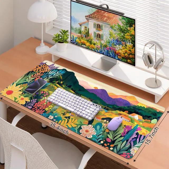 Alt view image 3 of 7 - Large Gaming Mouse Pad (35"x16") - Waterproof Desk Mat with Non-Slip Rubber Base & Stitched Edges - Extended Keyboard Mousepad for Computer, PC, Office, Home Workspace (Oil Painting)
