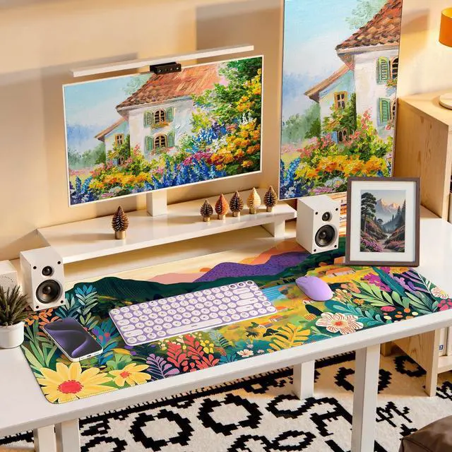 Alt view image 7 of 7 - Large Gaming Mouse Pad (35"x16") - Waterproof Desk Mat with Non-Slip Rubber Base & Stitched Edges - Extended Keyboard Mousepad for Computer, PC, Office, Home Workspace (Oil Painting)