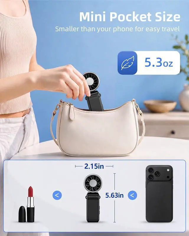 Alt view image 2 of 7 - Mini Portable Handheld Fan with Ice Cooling, 4000mAh Pocket Turbo Fan Rechargeable, 3 Speed, Lightweight Foldable Personal Hand Fan for Travel, Beach Vacation, Women Girls (Black)