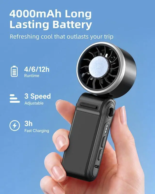 Alt view image 4 of 7 - Mini Portable Handheld Fan with Ice Cooling, 4000mAh Pocket Turbo Fan Rechargeable, 3 Speed, Lightweight Foldable Personal Hand Fan for Travel, Beach Vacation, Women Girls (Black)