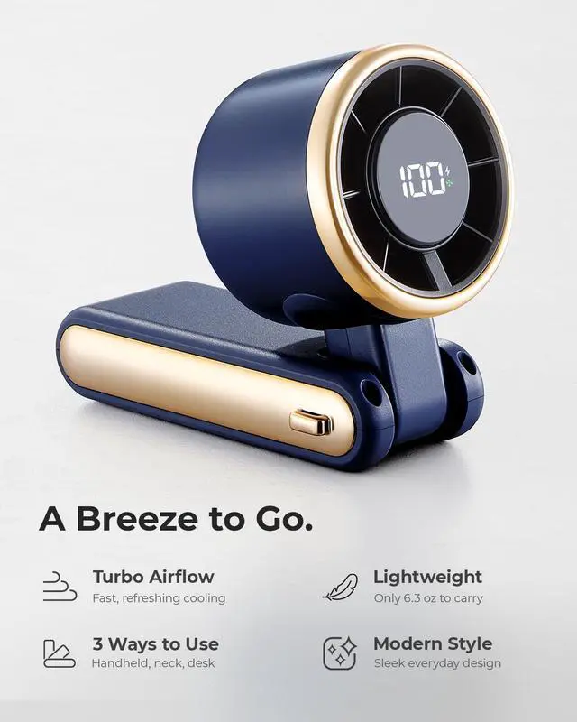 Alt view image 2 of 7 - Portable Handheld Turbo Fan - 5 Gear High Speed 4000mAh Rechargeable Mini Personal Hand Fan Blow Cold Air, Battery Operated Travel Essentials, Beach Vacation, Gifts for Women, Men (Navy Blue)