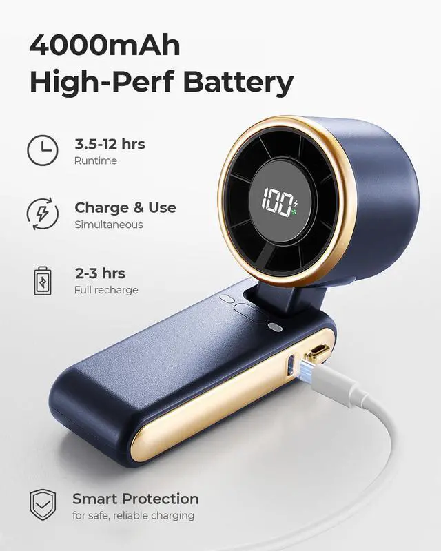 Alt view image 5 of 7 - Portable Handheld Turbo Fan - 5 Gear High Speed 4000mAh Rechargeable Mini Personal Hand Fan Blow Cold Air, Battery Operated Travel Essentials, Beach Vacation, Gifts for Women, Men (Navy Blue)