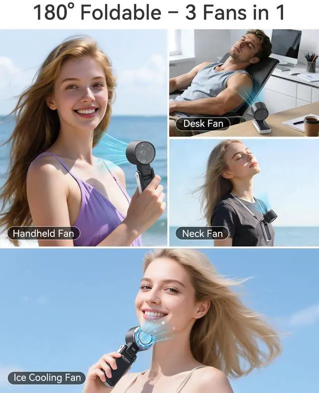 Alt view image 6 of 7 - Portable Fan, Handheld Fan with Turbo & Ice Cooling, 5-Speed 4000mAh Rechargeable, 3-in-1 Foldable Small Travel Hand Fan, Lightweight Compact & Quiet for Beach, Outdoor, for Women & Men -Black