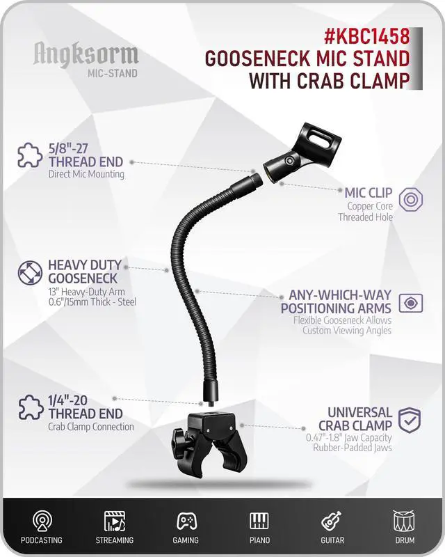 Alt view image 2 of 7 - 13" Gooseneck Mic Stand w/Super Crab Clamp, Flexible Microphone Arm Mount Holder, Compatible with Music Stands, Mic Stands, Tripods, Boom Arms - KBC1458