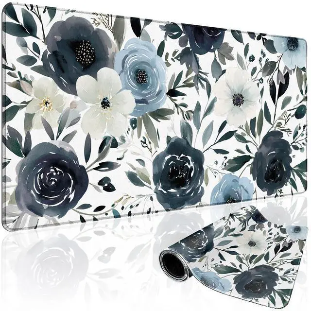Main image of Large Gaming Mouse Pad 31.5x15.7 Inch, XXL Mousepad with Non-Slip Rubber Base & Stitched Edges, Extended Desk Mat for Computer/Laptop/Office/Home Navy Blue and White Watercolor Floral