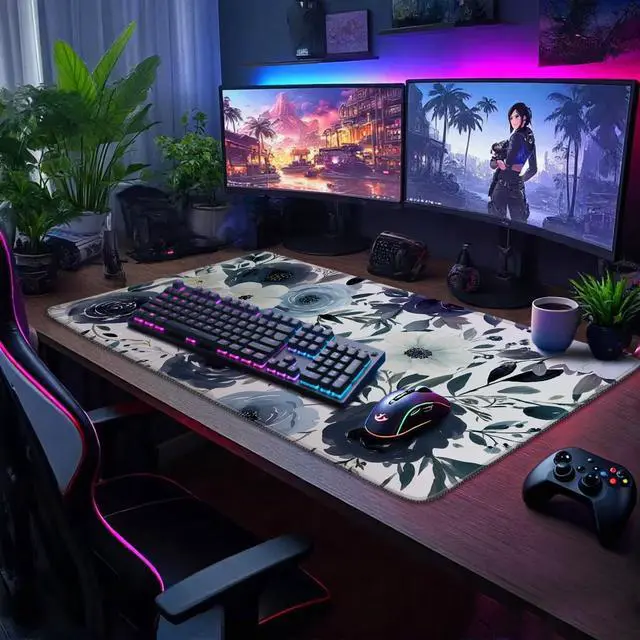 Alt view image 2 of 7 - Large Gaming Mouse Pad 31.5x15.7 Inch, XXL Mousepad with Non-Slip Rubber Base & Stitched Edges, Extended Desk Mat for Computer/Laptop/Office/Home Navy Blue and White Watercolor Floral