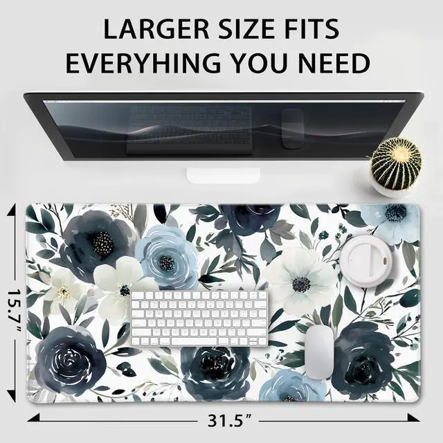 Alt view image 4 of 7 - Large Gaming Mouse Pad 31.5x15.7 Inch, XXL Mousepad with Non-Slip Rubber Base & Stitched Edges, Extended Desk Mat for Computer/Laptop/Office/Home Navy Blue and White Watercolor Floral