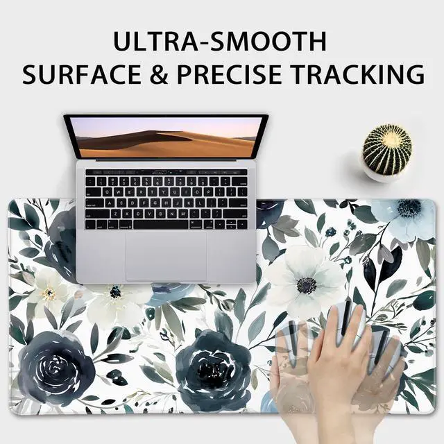 Alt view image 5 of 7 - Large Gaming Mouse Pad 31.5x15.7 Inch, XXL Mousepad with Non-Slip Rubber Base & Stitched Edges, Extended Desk Mat for Computer/Laptop/Office/Home Navy Blue and White Watercolor Floral