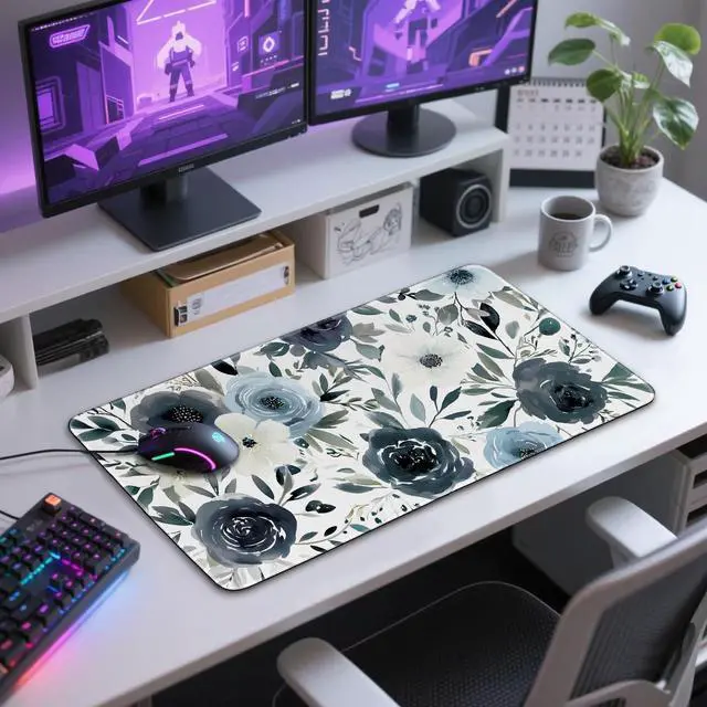 Alt view image 7 of 7 - Large Gaming Mouse Pad 31.5x15.7 Inch, XXL Mousepad with Non-Slip Rubber Base & Stitched Edges, Extended Desk Mat for Computer/Laptop/Office/Home Navy Blue and White Watercolor Floral