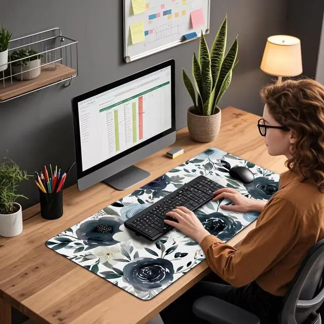 Alt view image 3 of 7 - Large Gaming Mouse Pad 31.5x15.7 Inch, XXL Mousepad with Non-Slip Rubber Base & Stitched Edges, Extended Desk Mat for Computer/Laptop/Office/Home Navy Blue and White Watercolor Floral