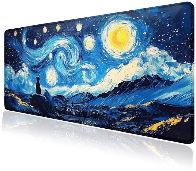 Main image of Black Cat Art Night Starry Sky Large Mouse Pad, Desk Mat Computer Keyboard Pad Non-Slip Rubber Base Waterproof with Stitched Edges for Laptop Gaming, Office & Home 31.5 x 11.8 Inch (XL-23)