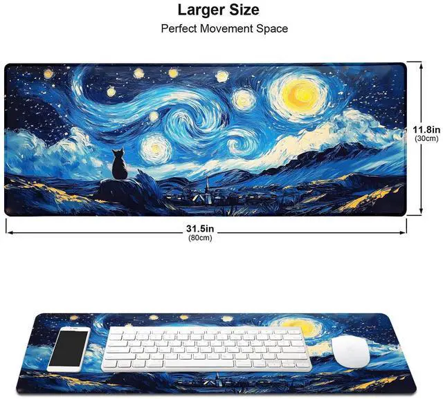 Alt view image 2 of 7 - Black Cat Art Night Starry Sky Large Mouse Pad, Desk Mat Computer Keyboard Pad Non-Slip Rubber Base Waterproof with Stitched Edges for Laptop Gaming, Office & Home 31.5 x 11.8 Inch (XL-23)