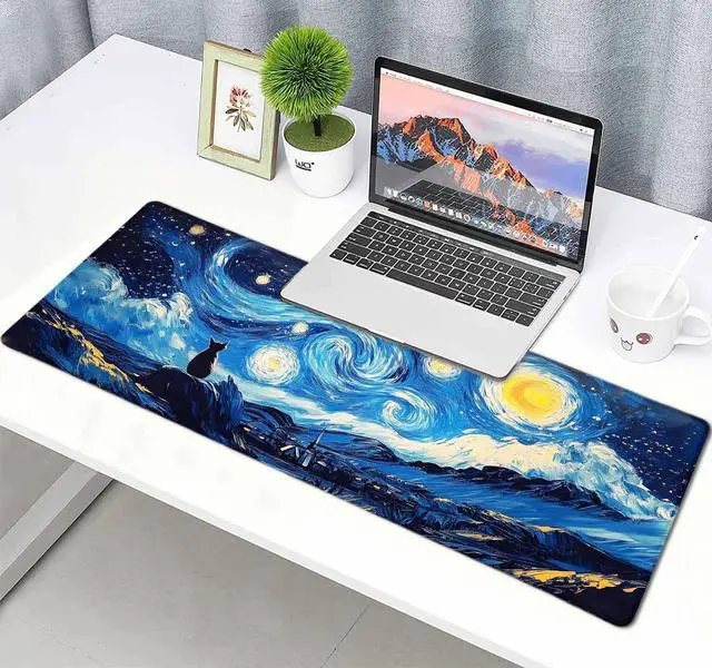 Alt view image 6 of 7 - Black Cat Art Night Starry Sky Large Mouse Pad, Desk Mat Computer Keyboard Pad Non-Slip Rubber Base Waterproof with Stitched Edges for Laptop Gaming, Office & Home 31.5 x 11.8 Inch (XL-23)