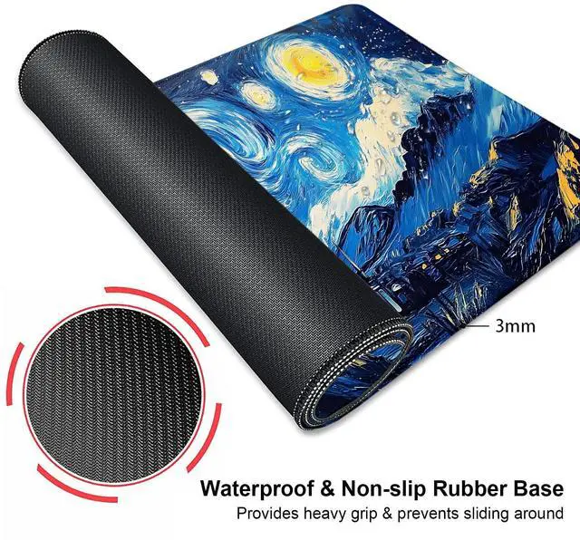 Alt view image 3 of 7 - Black Cat Art Night Starry Sky Large Mouse Pad, Desk Mat Computer Keyboard Pad Non-Slip Rubber Base Waterproof with Stitched Edges for Laptop Gaming, Office & Home 31.5 x 11.8 Inch (XL-23)