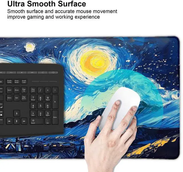 Alt view image 5 of 7 - Black Cat Art Night Starry Sky Large Mouse Pad, Desk Mat Computer Keyboard Pad Non-Slip Rubber Base Waterproof with Stitched Edges for Laptop Gaming, Office & Home 31.5 x 11.8 Inch (XL-23)