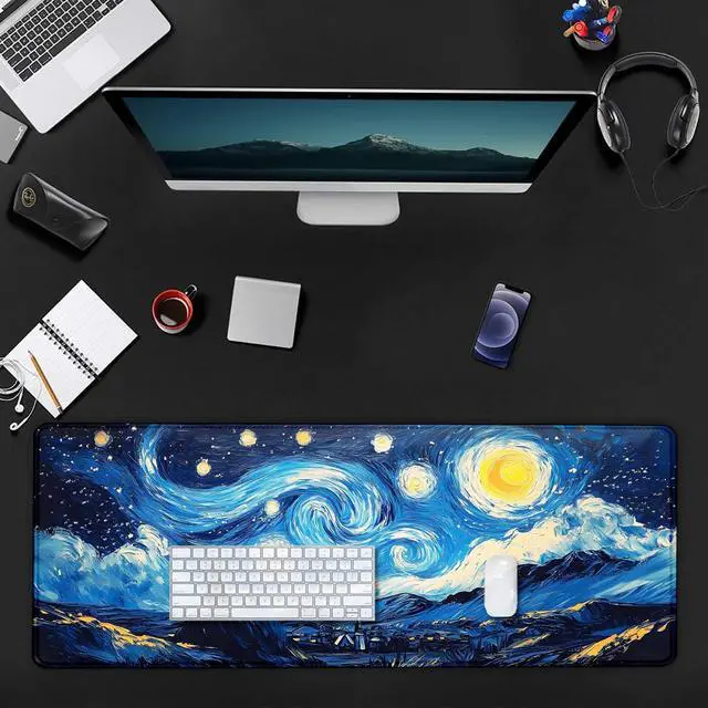 Alt view image 7 of 7 - Black Cat Art Night Starry Sky Large Mouse Pad, Desk Mat Computer Keyboard Pad Non-Slip Rubber Base Waterproof with Stitched Edges for Laptop Gaming, Office & Home 31.5 x 11.8 Inch (XL-23)