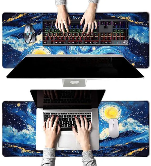 Alt view image 4 of 7 - Black Cat Art Night Starry Sky Large Mouse Pad, Desk Mat Computer Keyboard Pad Non-Slip Rubber Base Waterproof with Stitched Edges for Laptop Gaming, Office & Home 31.5 x 11.8 Inch (XL-23)