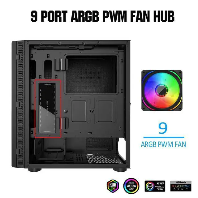 Alt view image 2 of 7 - ARGB PWM Fan Hub, Addressable 5V-3PIN ARGB 12V 4PIN PWM 2-in-1 RGB Case Fan Hub SATA Power Input, 9 Fan Port and 9 LED Port, PC Fan hub Support 9 Computer ARGB PWM Fans Splitter