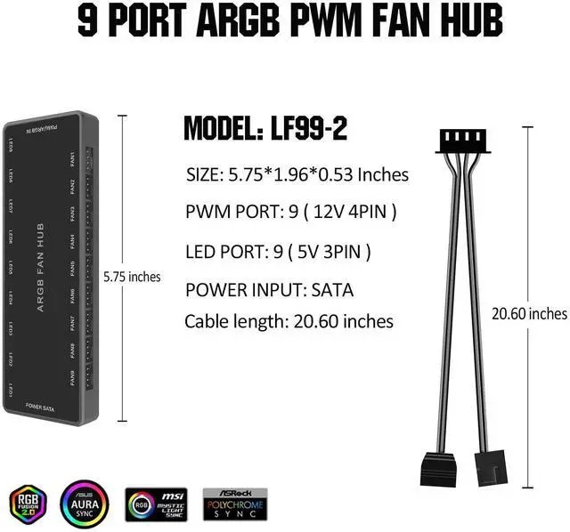 Alt view image 7 of 7 - ARGB PWM Fan Hub, Addressable 5V-3PIN ARGB 12V 4PIN PWM 2-in-1 RGB Case Fan Hub SATA Power Input, 9 Fan Port and 9 LED Port, PC Fan hub Support 9 Computer ARGB PWM Fans Splitter