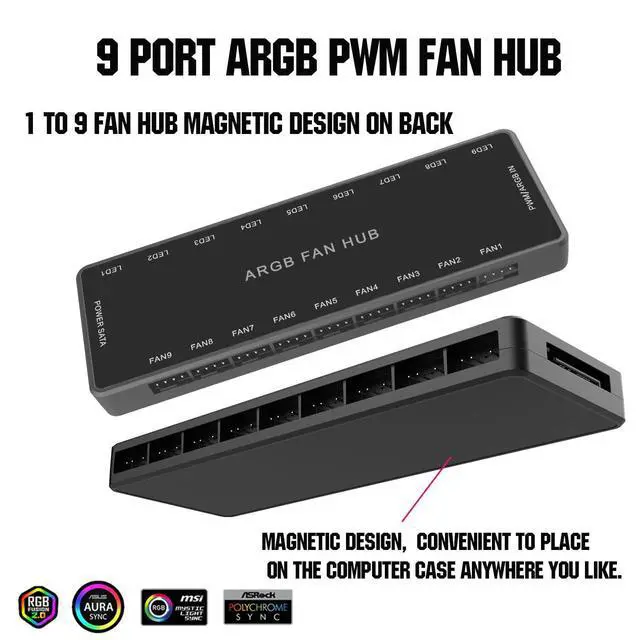 Alt view image 5 of 7 - ARGB PWM Fan Hub, Addressable 5V-3PIN ARGB 12V 4PIN PWM 2-in-1 RGB Case Fan Hub SATA Power Input, 9 Fan Port and 9 LED Port, PC Fan hub Support 9 Computer ARGB PWM Fans Splitter