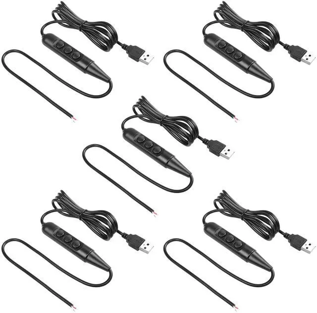 Main image of USB Male with On/Off Switch to Stripped Ends, USB 2.0 6-Speed Dimming Switch Power Cable, for LED Strips Little Table Lamp and Other 5V Devices 5Pcs 1.5M/4.9FT (Black)