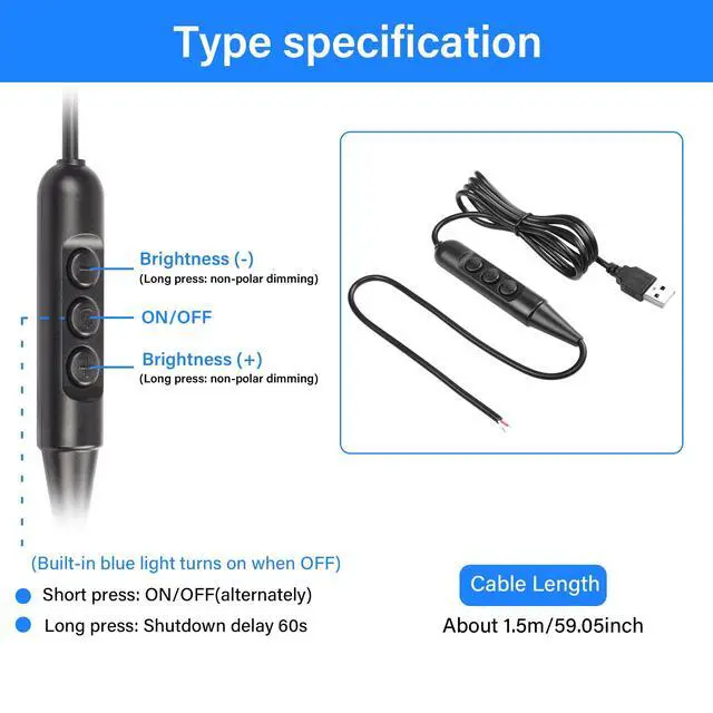 Alt view image 2 of 7 - USB Male with On/Off Switch to Stripped Ends, USB 2.0 6-Speed Dimming Switch Power Cable, for LED Strips Little Table Lamp and Other 5V Devices 5Pcs 1.5M/4.9FT (Black)