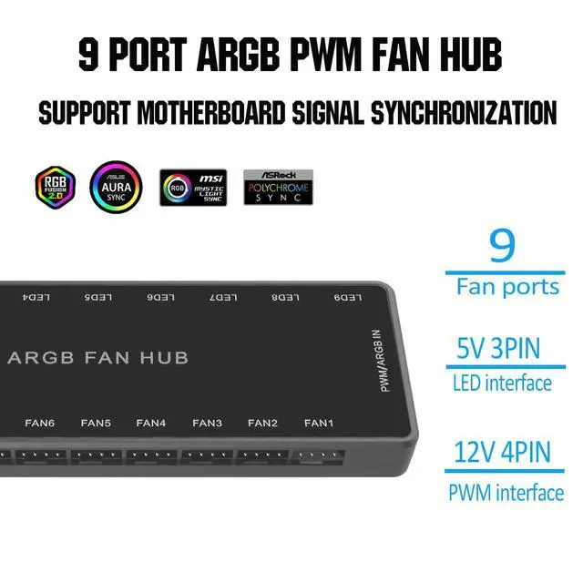Alt view image 4 of 7 - ARGB PWM Fan Hub, Addressable 5V-3PIN ARGB 12V 4PIN PWM 2-in-1 RGB Case Fan Hub SATA Power Input, 9 Fan Port and 9 LED Port, PC Fan hub Support 9 Computer ARGB PWM Fans Splitter