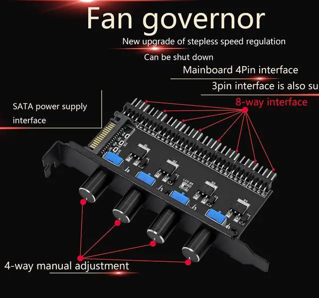 Alt view image 7 of 7 - 4 Knob Cooling Fan Speed Controller PC 8 Channels Fan Hub for CPU Case HDD VGA PWM Fan PCI Bracket 12V Fan Control- SATA Power Supply (SATA 4 Knob)