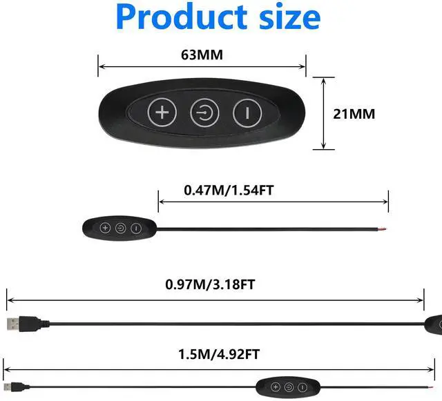 Alt view image 4 of 7 - USB Male with ON/Off Switch to Stripped Ends, USB 2.0 9-Speed Dimming Switch Power Cable, for LED Strips Little Table Lamp and Other 5V Devices 5PCS (1.5M/4.9FT)
