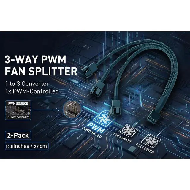 Alt view image 2 of 6 - 2-Pack 3-Way 4 Pin PWM Fan Splitter Cable - 10.6 Inches / 27 cm, 1x PWM Master to 2X Follower, PC Case Fan 1 to 3 Splitter for Synchronized Cooling