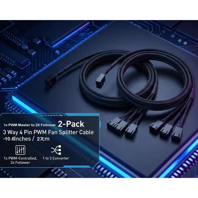Alt view image 5 of 6 - 2-Pack 3-Way 4 Pin PWM Fan Splitter Cable - 10.6 Inches / 27 cm, 1x PWM Master to 2X Follower, PC Case Fan 1 to 3 Splitter for Synchronized Cooling
