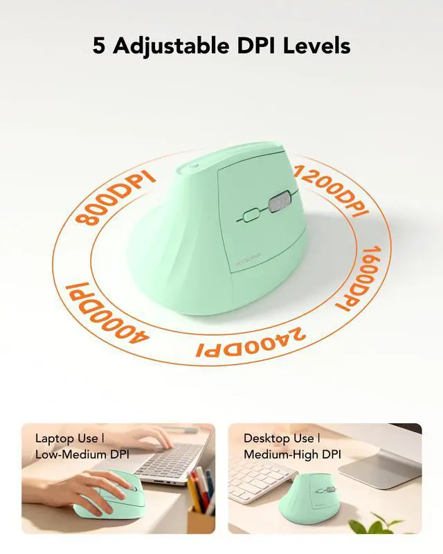 Alt view image 4 of 7 - Ergonomic Mouse Wireless, Bluetooth Vertical Mouse, 5-Level Adjustable DPI, 2.4G Silent Switch Mice for Windows, MacOS, IPadOS, Laptop, PC, Green