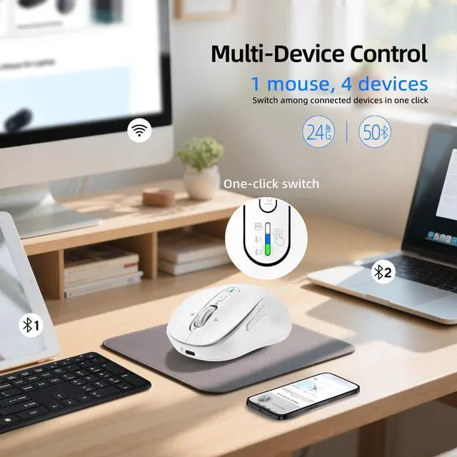 Alt view image 2 of 7 - Wireless Bluetooth Mouse Rechargeable,USB+BT×2,Multi Device Quiet Ergo Computer Mouse,Metal 4-Way Super Scrolling,± 3200 DPI,10 Button,Plug&Play,Cordless Mice for Laptop,Tablet,Mac,iPad,PC,Phone-White